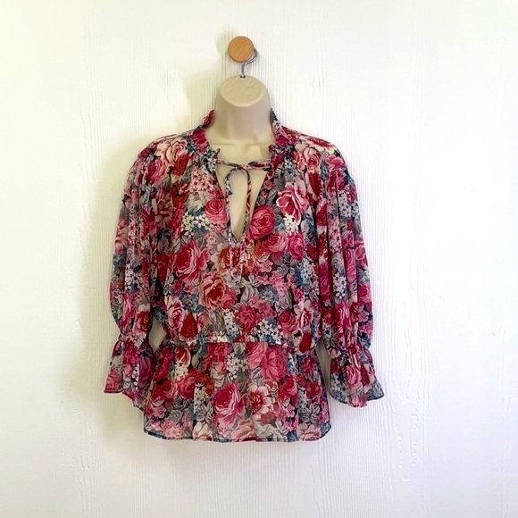 Zara - Red & Pink Floral See Thur Tie at Neck Blouse Size Small - Picture 1 of 9